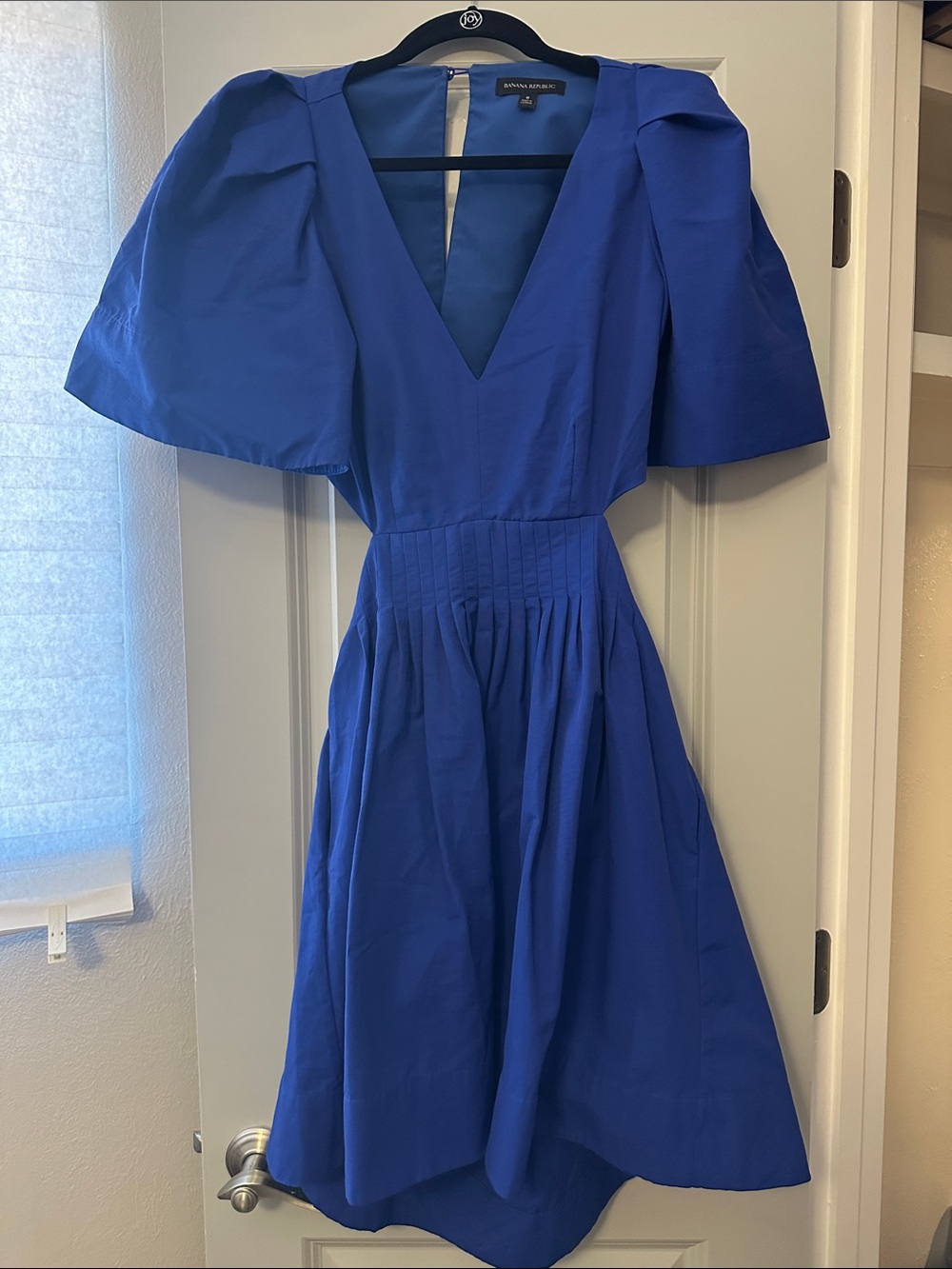 Banana Republic Electric Blue V-Neck High-Low Dress with Puff Sleeves
